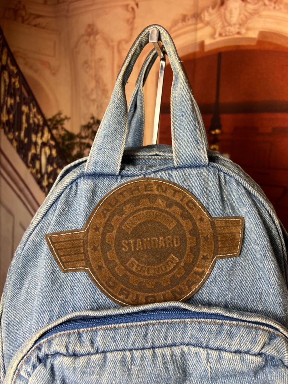 Vintage Gitano Blue Denim Backpack, top zip, front zip compartments, side pocket - Picture 5 of 15